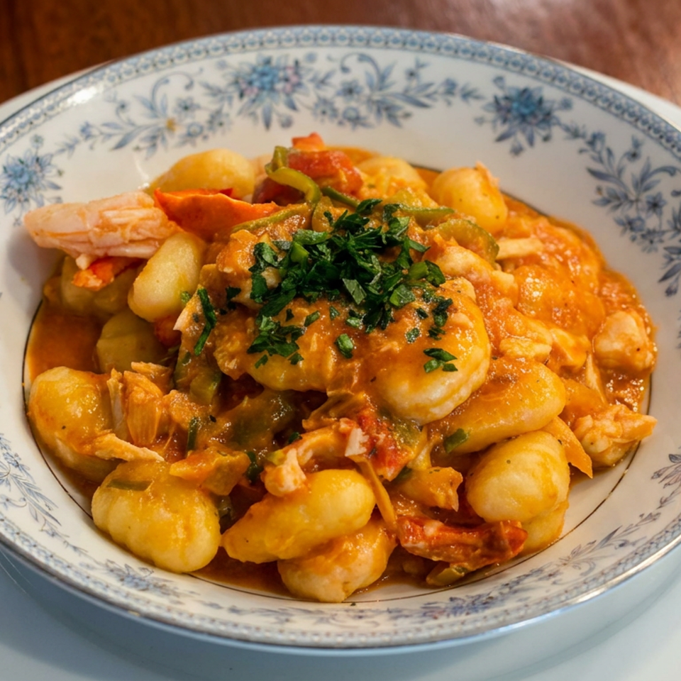 Bowl of gnocchi with shrimp and vegetables in creamy tomato sauce, garnished with fresh parsley on a floral plate.