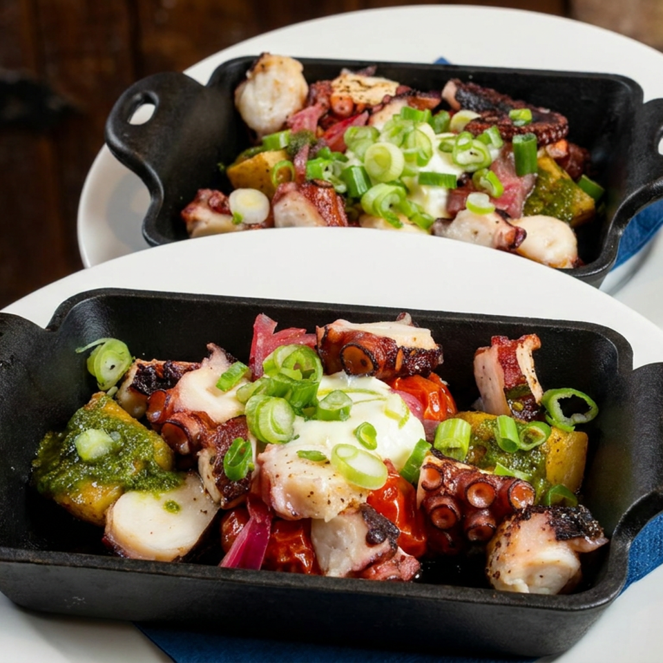 Two cast-iron dishes hold grilled octopus, vegetables, green sauce, sour cream, and scallions on white plates at a rustic table.