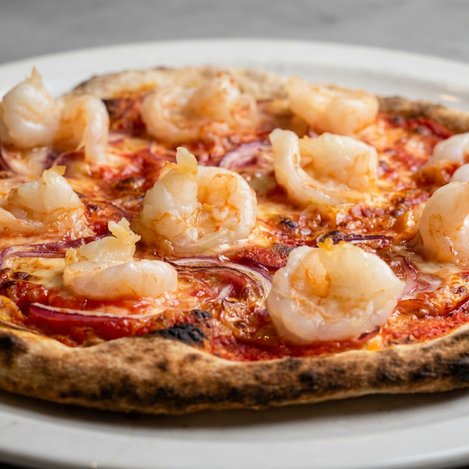 Wood-fired pizza topped with shrimp, melted cheese, tomato sauce, and red onion on a white plate.