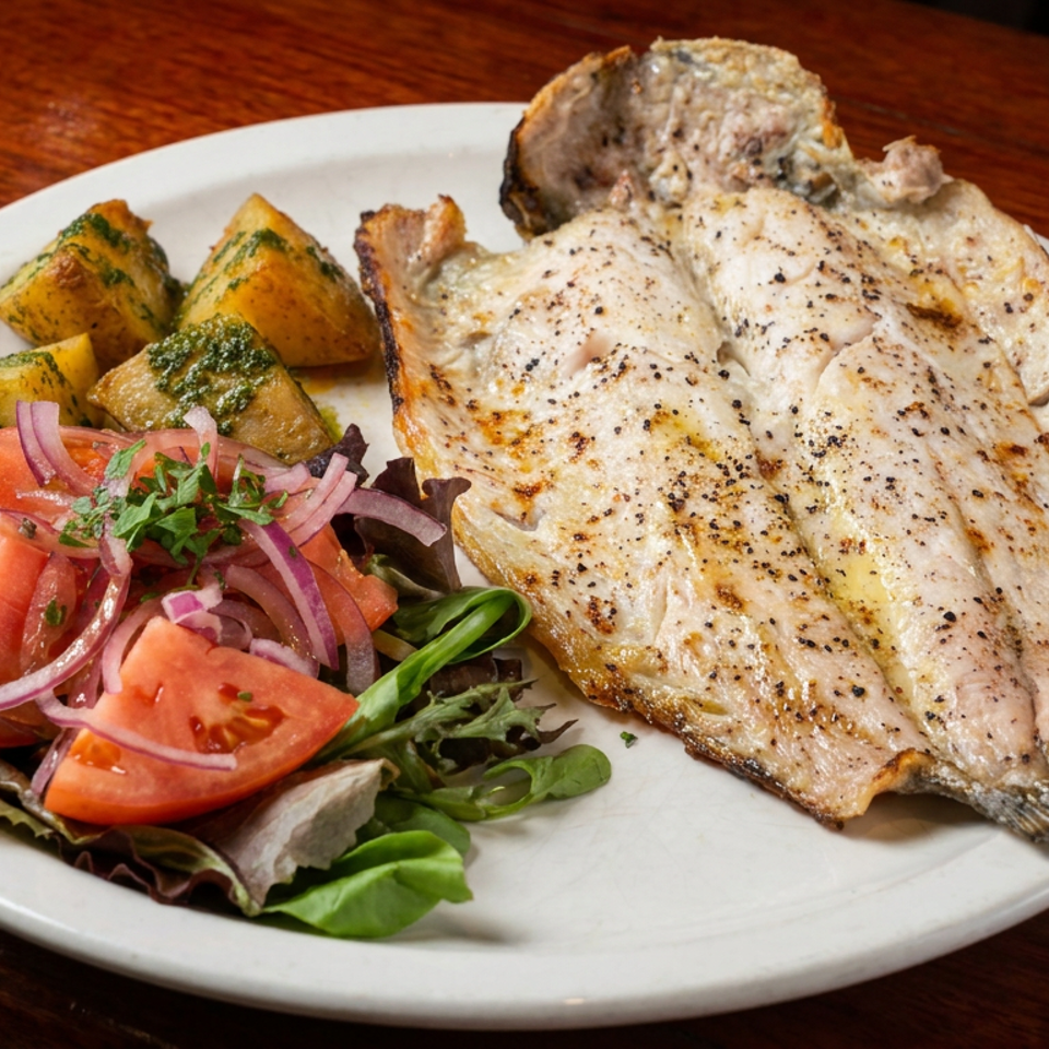Grilled whole fish served with roasted herb potatoes and a fresh salad of tomatoes, greens, and red onions.