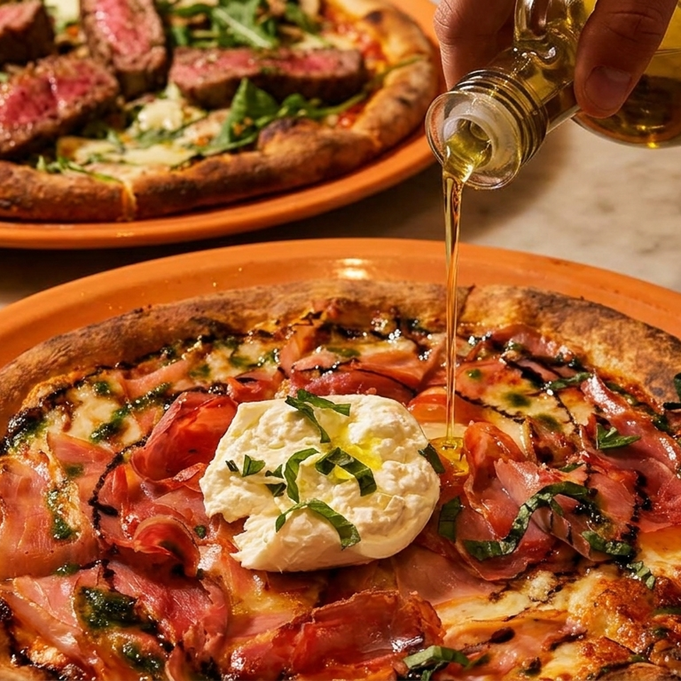 Two wood-fired pizzas on orange plates, one topped with prosciutto and burrata as olive oil is poured over it.